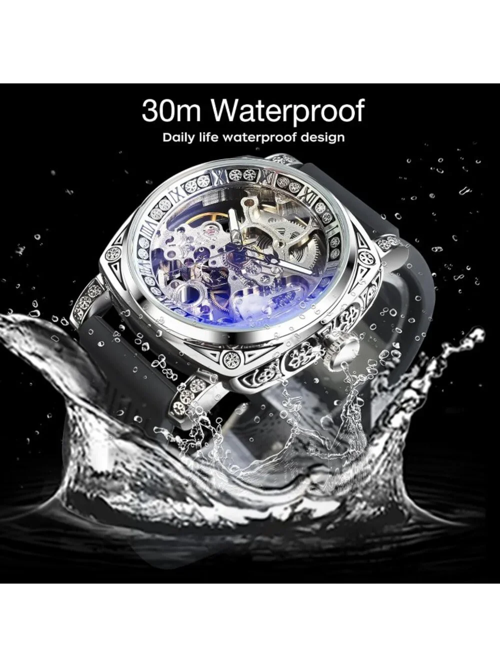 Men's Black Square Mechanical Rubber Buckle Self-Wind Carved Automatic Watch - Picture 5 of 6